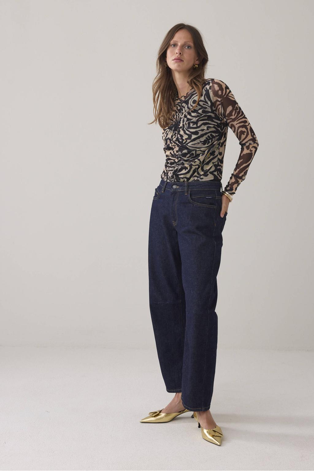 Zwarte dames Summum mesh top met lange mouwen, ronde hals en plooien