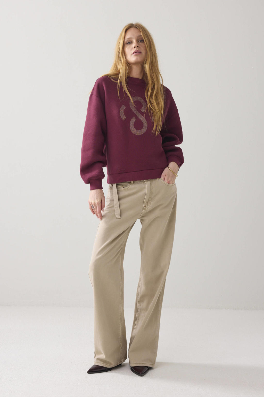 Donkerrode dames Summum sweater van katoen met logo dessin, lange mouwen en ronde hals