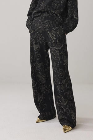 straight regular waist broek met paisley print zwart met glitter