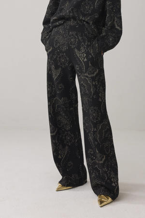 straight regular waist broek met paisley print zwart met glitter
