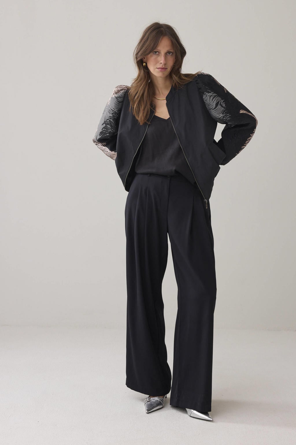 Zwarte dames Summum bomberjack van polyester met lange mouwen, ronde hals en jacquard
