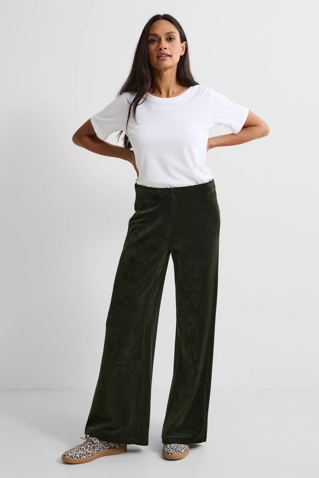 Donkergroene dames Anytime fluwelen wide leg broek met high waist