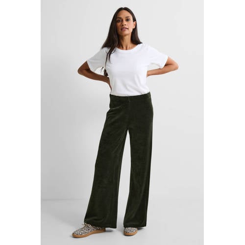 anytime fluwelen wide leg broek donkergroen afbeelding