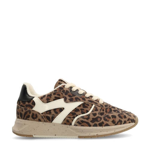 Manfield suède sneakers met panterprint beige/zwart afbeelding