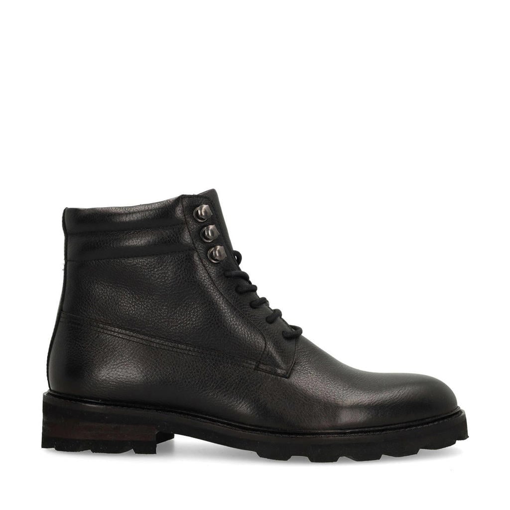 Zwarte heren Manfield leren veterboots met rits- en vetersluiting