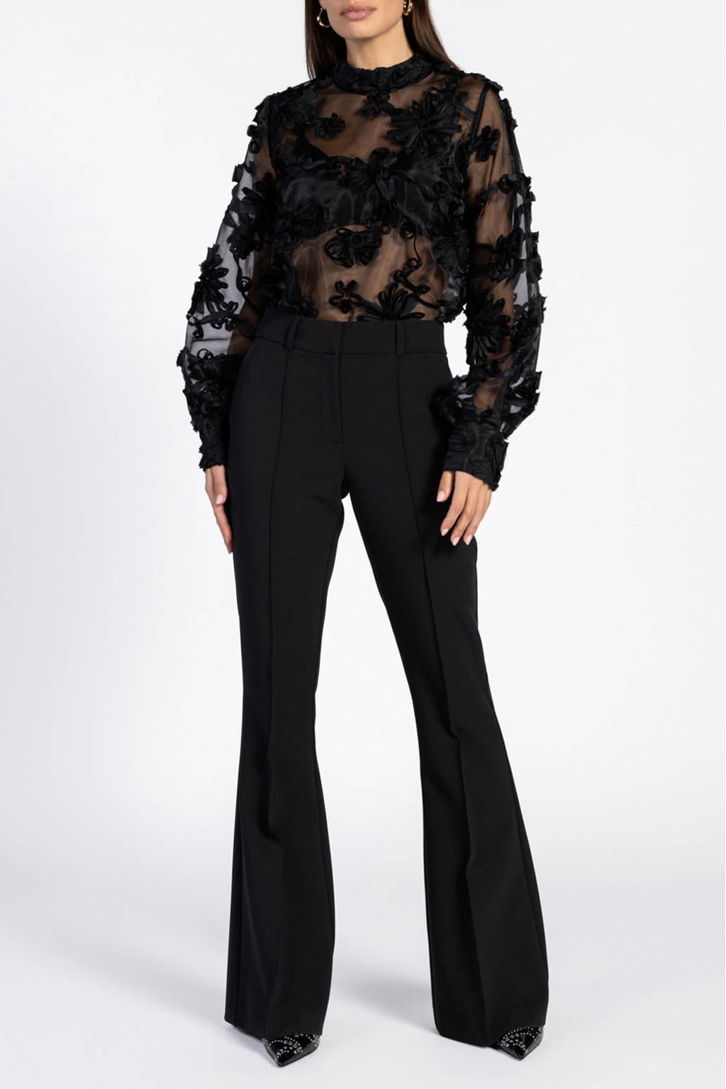 Zwarte dames Aaiko flared high waist flared broek van acetaat met rits, haak- en knoopsluiting en effen