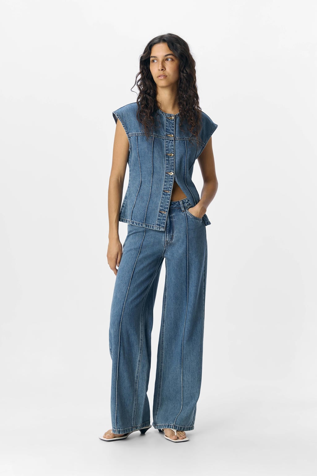 Light blue denim dames OBJECT wide leg jeans van denim met effen, rits- en knoopsluiting en riemlussen