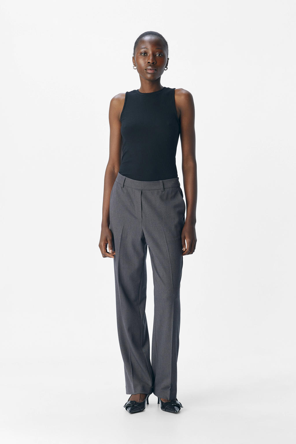 Grijze dames OBJECT straight regular waist broek van polyester met elastische inzet en effen