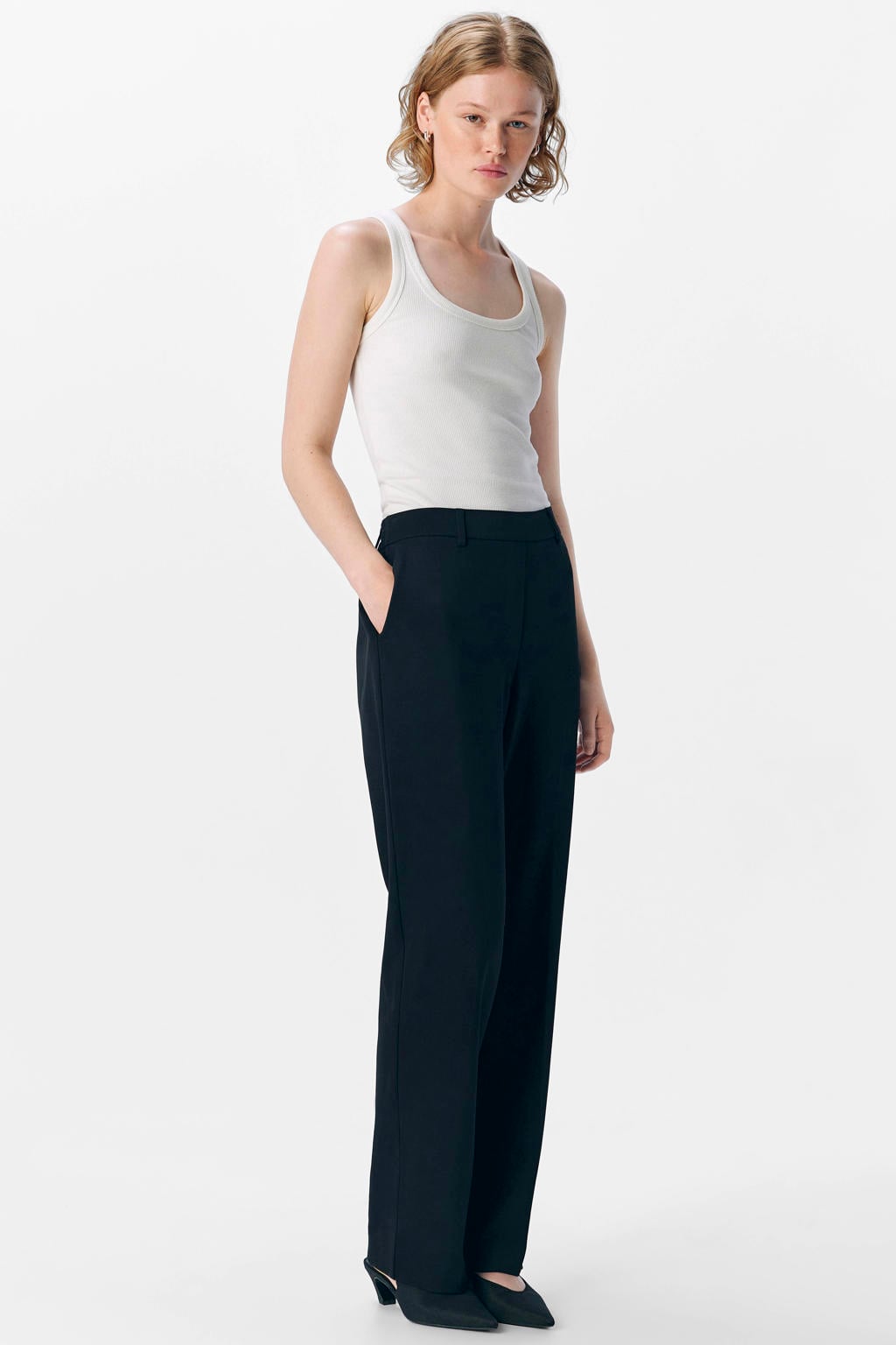 Zwarte dames OBJECT straight regular waist broek van polyester met elastische inzet en effen