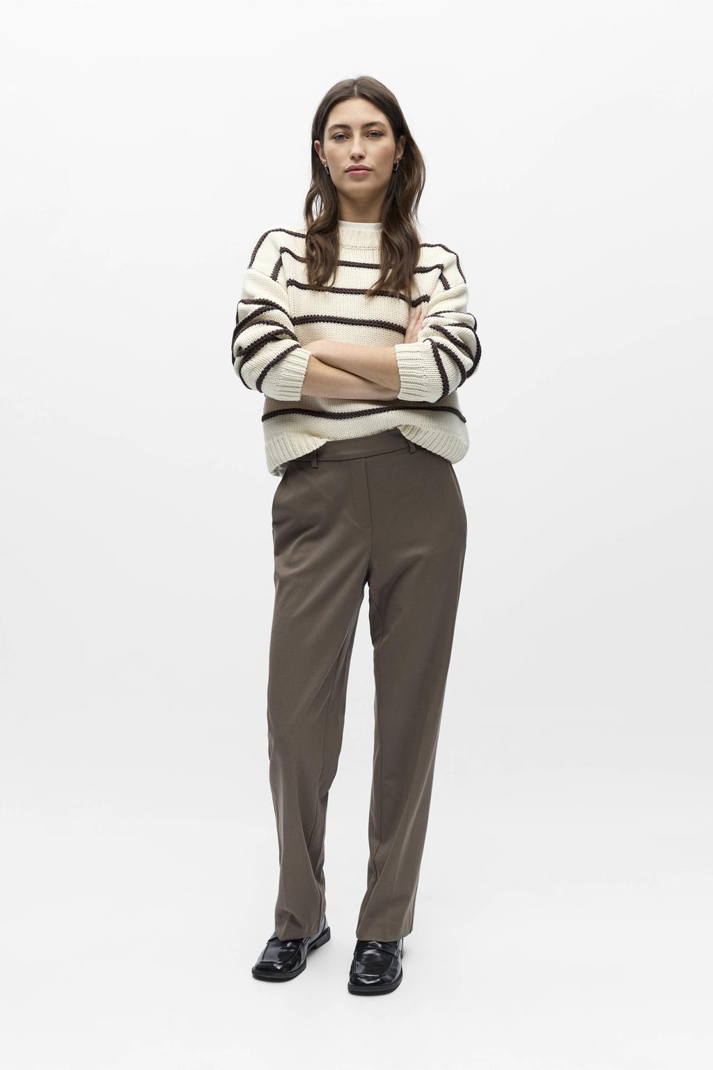 Grijze dames OBJECT straight regular waist broek van polyester met elastische inzet en effen