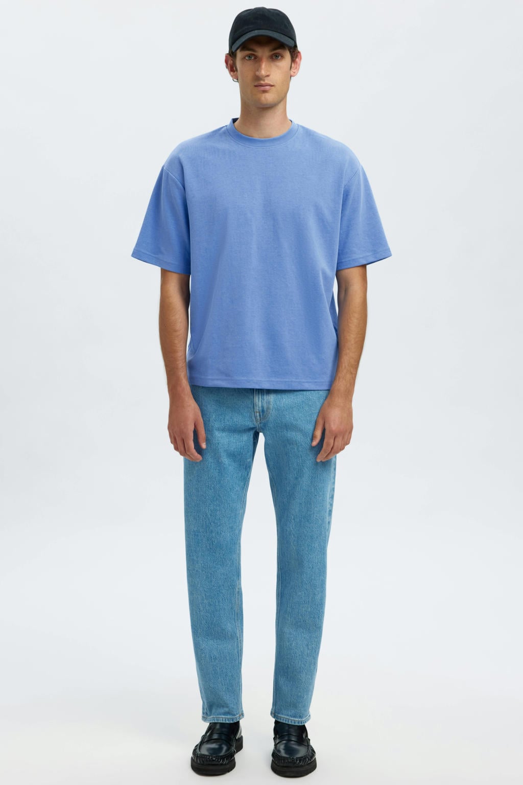 Blauwe heren Selected loose fit T-shirt van katoen met effen, korte mouwen en ronde hals