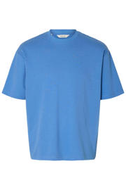 thumbnail: Blauwe heren SELECTED HOMME loose fit T-shirt van katoen met effen, korte mouwen en ronde hals