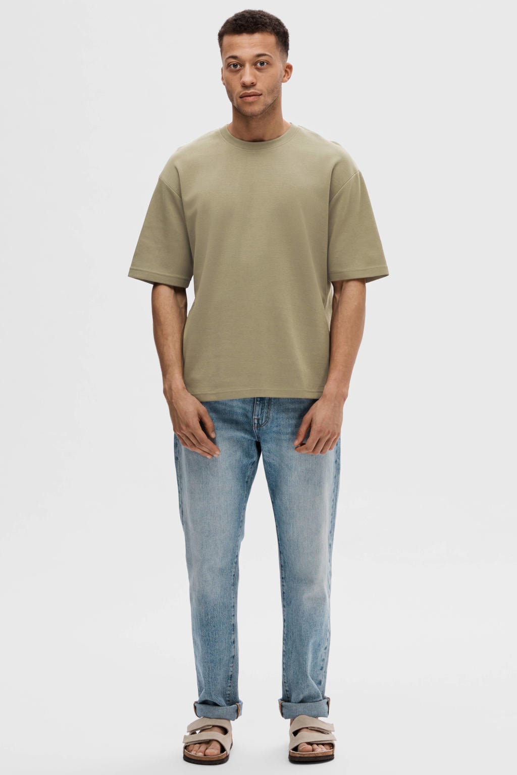 Groene heren Selected loose fit T-shirt van katoen met effen, korte mouwen en ronde hals