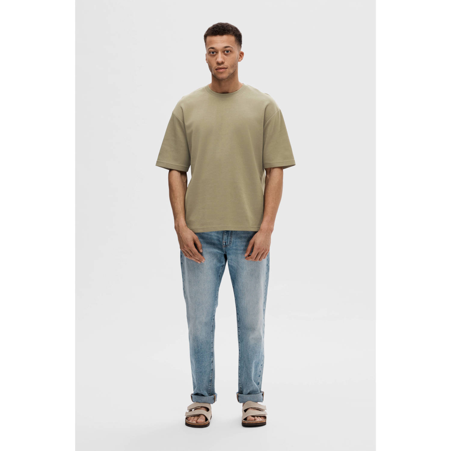 SELECTED HOMME loose fit T-shirt SLHLOOSEOSCAR groen
