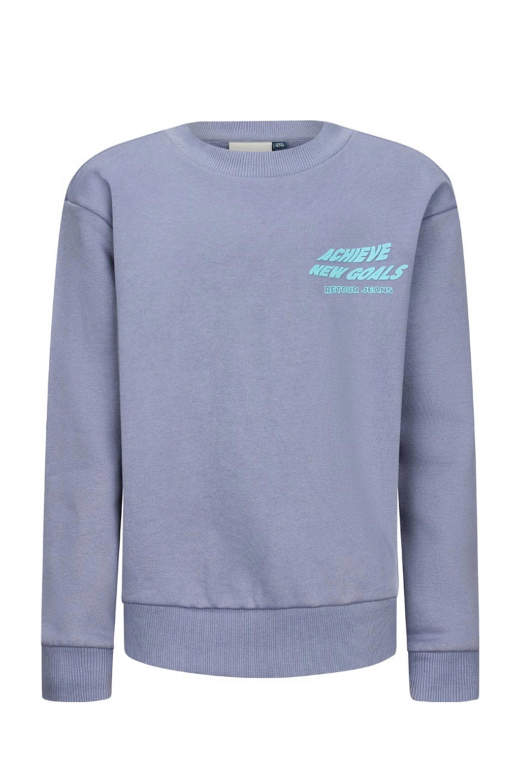 Lichtblauwe jongens Retour Jeans sweater met backprint, lange mouwen, ronde hals en geribde boorden