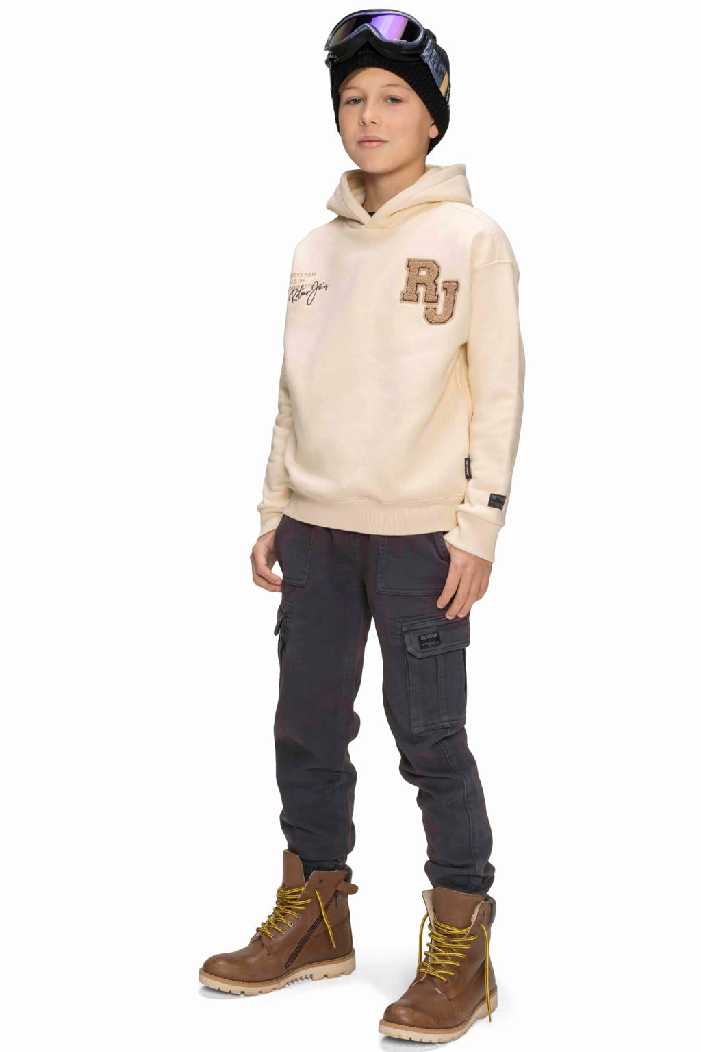 Ecru jongens Retour Jeans hoodie van sweat materiaal met printopdruk, lange mouwen, capuchon en 3D applicatie