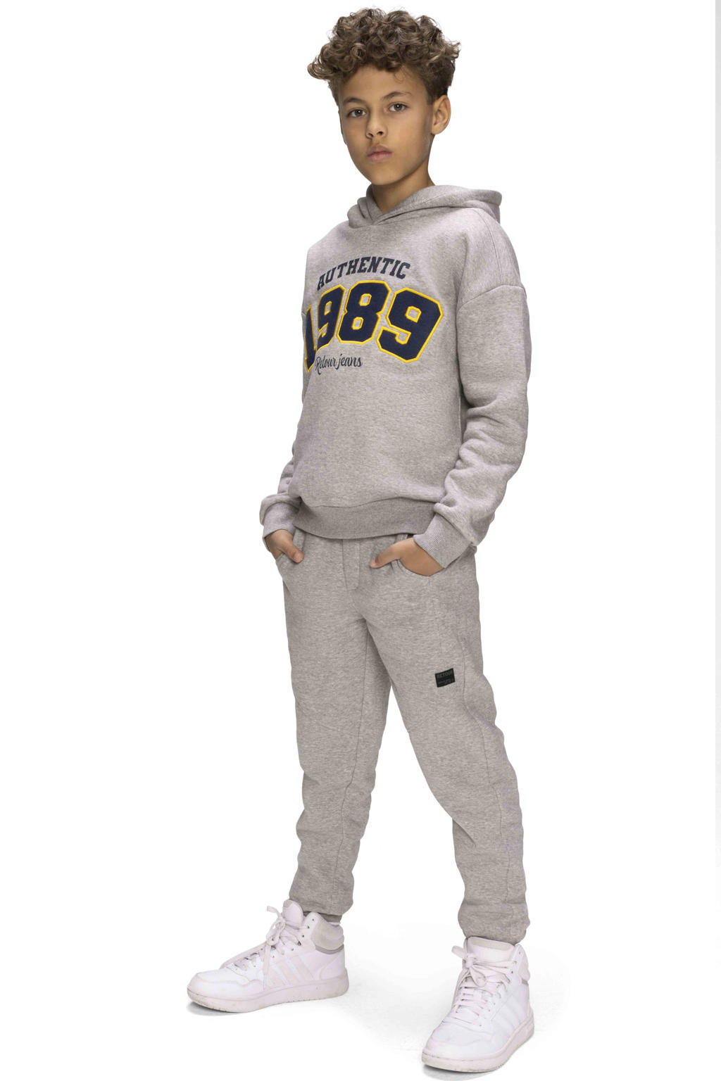 Grijs melange jongens Retour Jeans regular joggingbroek melange van katoen met effen
