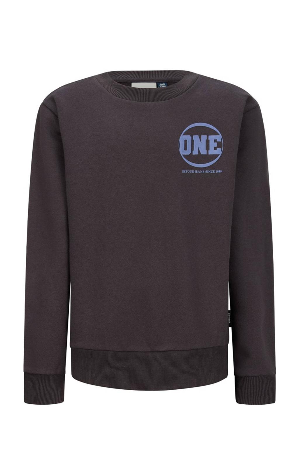 Grijze jongens Retour Jeans sweater met backprint, lange mouwen, ronde hals en geribde boorden