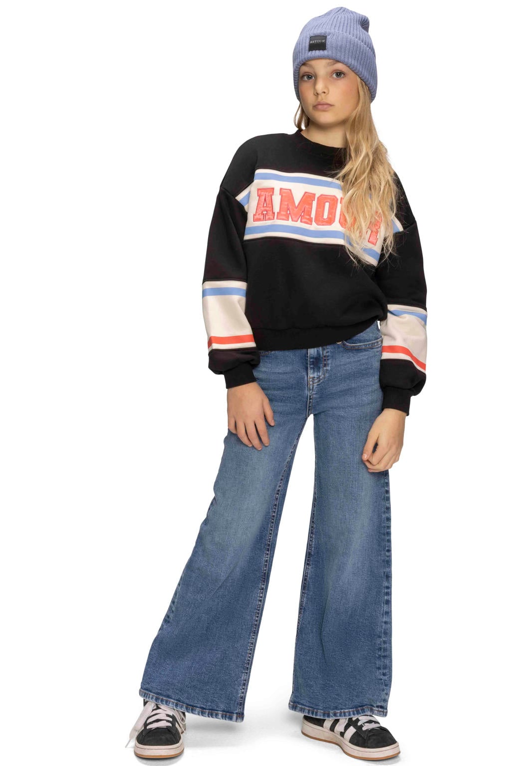 Medium blue denim meisjes Retour Jeans wide leg jeans van stretchdenim met rits- en knoopsluiting en effen