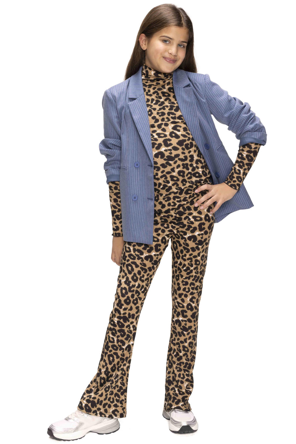 Beige en zwarte meisjes Retour Jeans longsleeve van polyester met dierenprint, lange mouwen en opstaande kraag