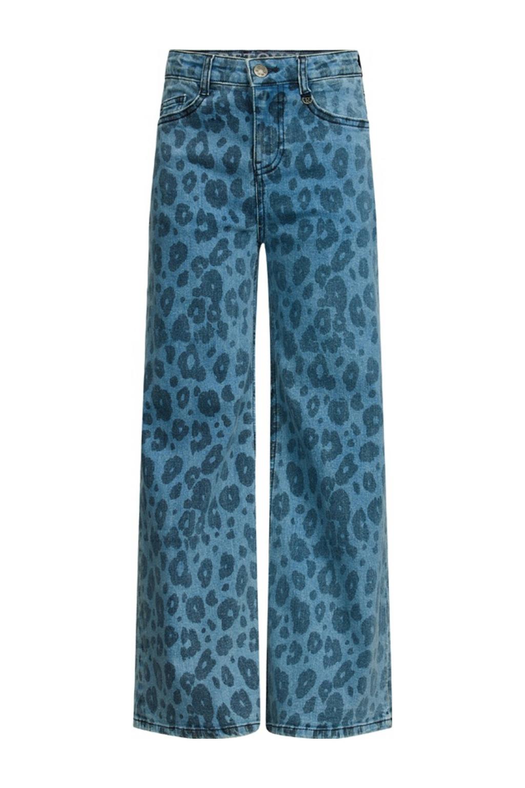 Medium blue denim meisjes Retour Jeans wide leg jeans van stretchdenim met rits- en knoopsluiting en dierenprint
