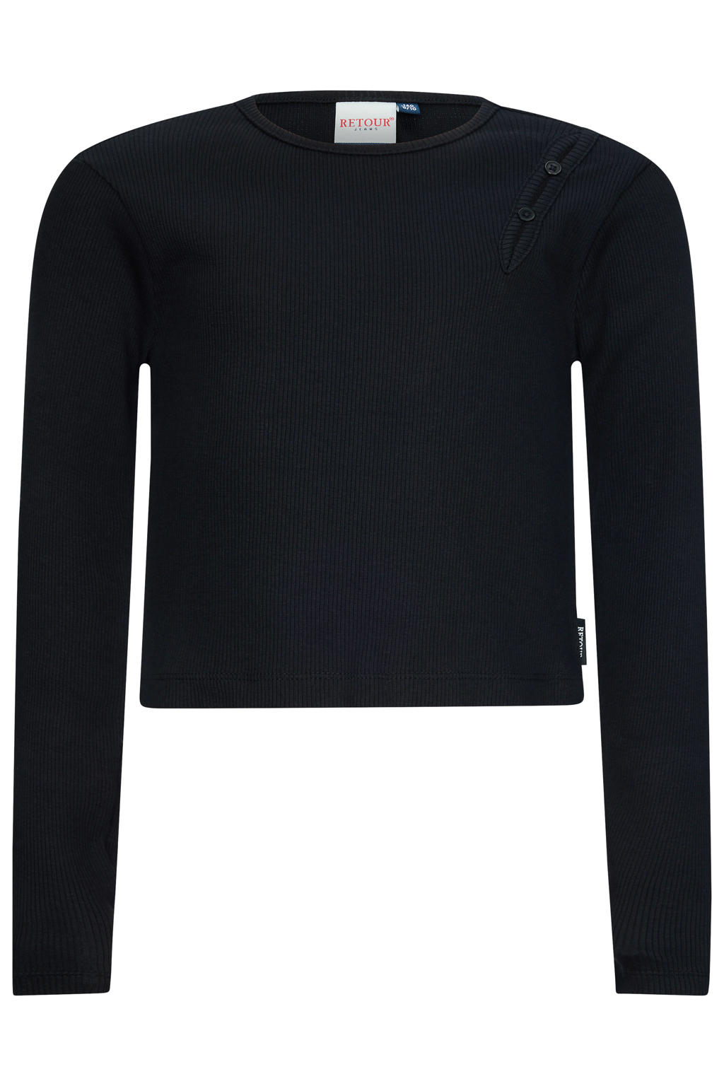 Zwarte meisjes Retour Jeans longsleeve rib gebreid van stretchkatoen met effen, lange mouwen, ronde hals en open detail