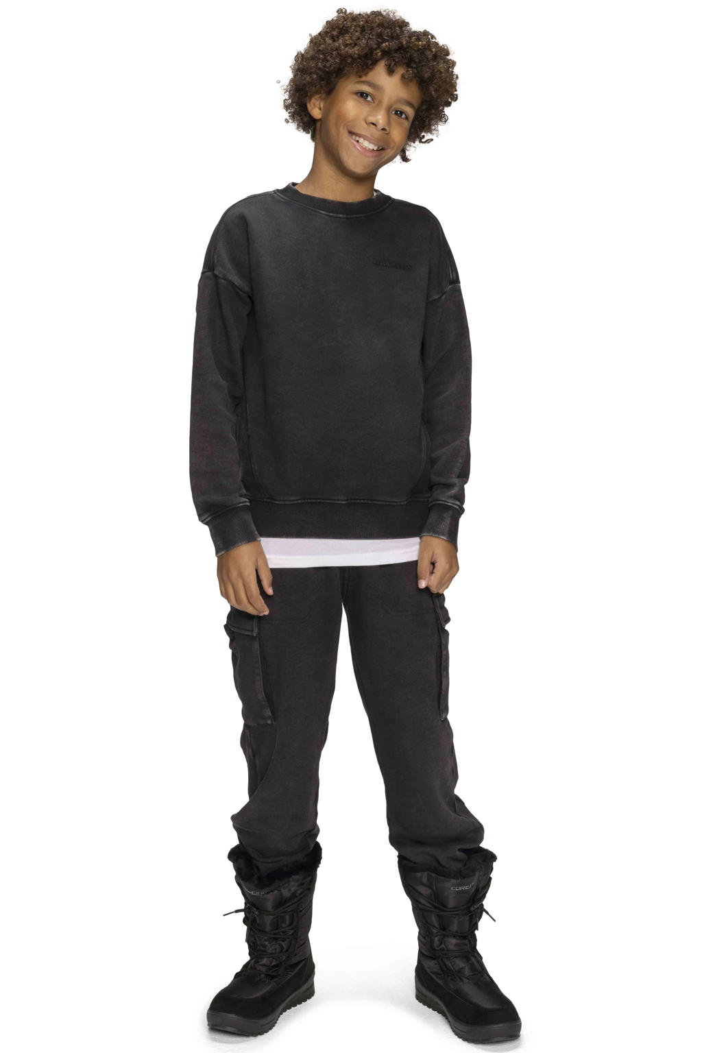 Zwarte jongens Retour Jeans sweater met effen, lange mouwen, ronde hals en geribde boorden