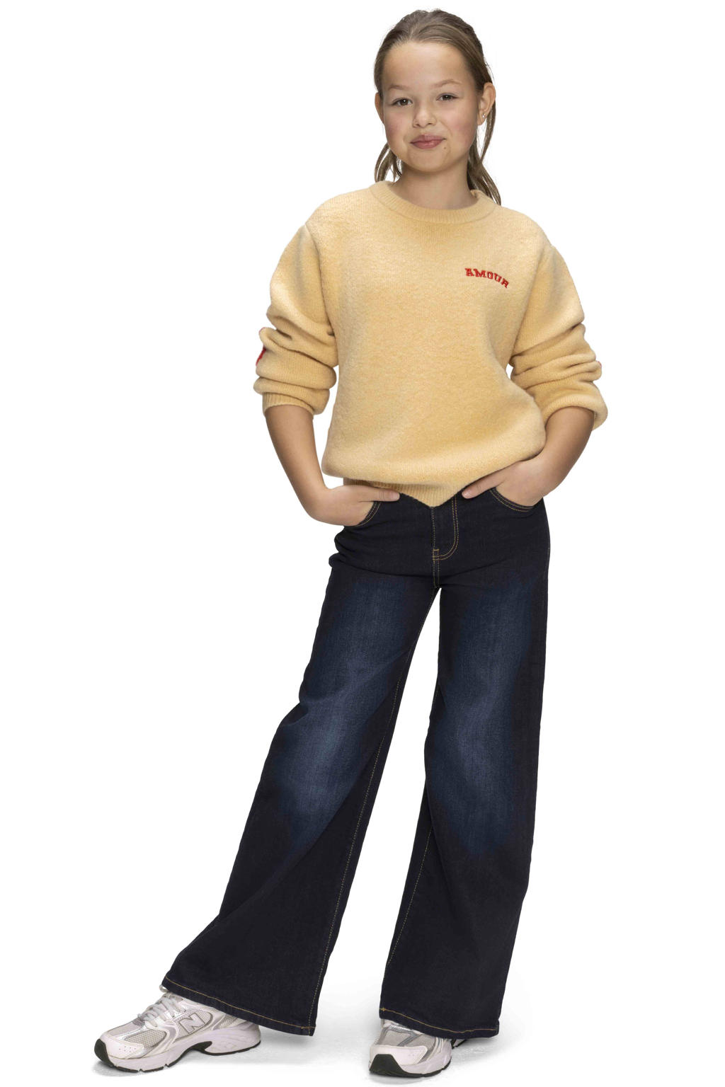 Grey denim meisjes Retour Jeans wide leg jeans van stretchdenim met rits- en knoopsluiting en effen