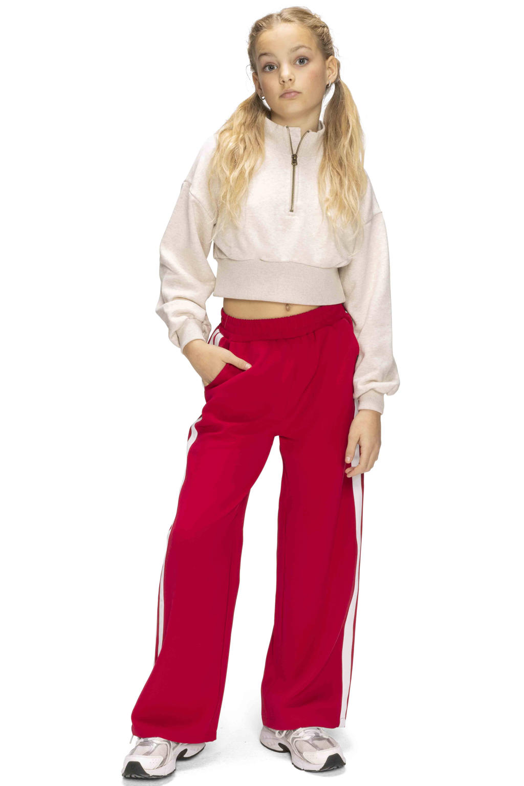 Beige meisjes Retour Jeans sweater met backprint, lange mouwen, opstaande kraag, halve rits en geribde boorden