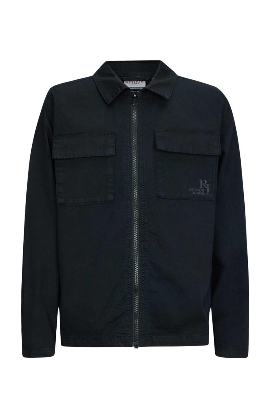 Zwarte jongens Retour Jeans overshirt van stretchkatoen met effen, lange mouwen, klassieke kraag en ritssluiting