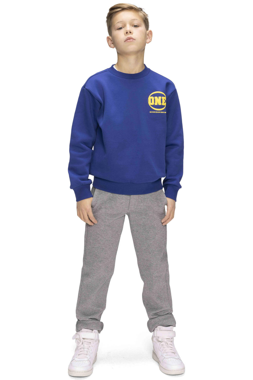 Blauwe jongens Retour Jeans sweater met backprint, lange mouwen, ronde hals en geribde boorden
