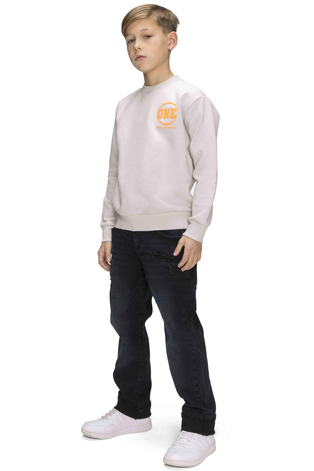 Grijze jongens Retour Jeans sweater met backprint, lange mouwen, ronde hals en geribde boorden
