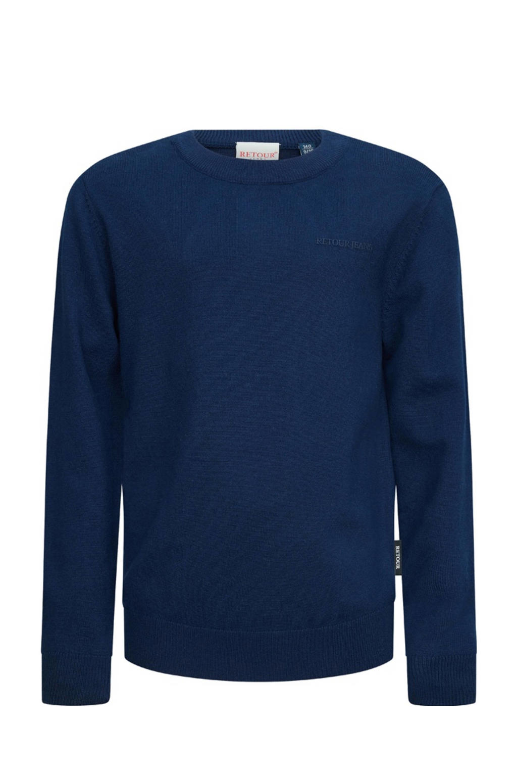 Donkerblauwe jongens Retour Jeans sweater van katoen met effen, lange mouwen en ronde hals
