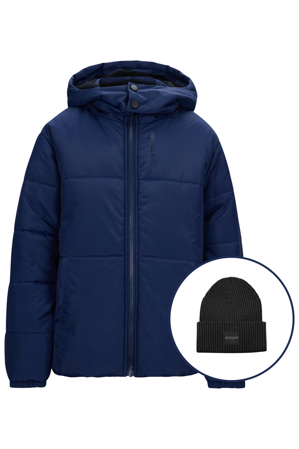 Donkerblauwe jongens Retour Jeans gewatteerde jas muts van polyester met effen, lange mouwen, capuchon en ritssluiting