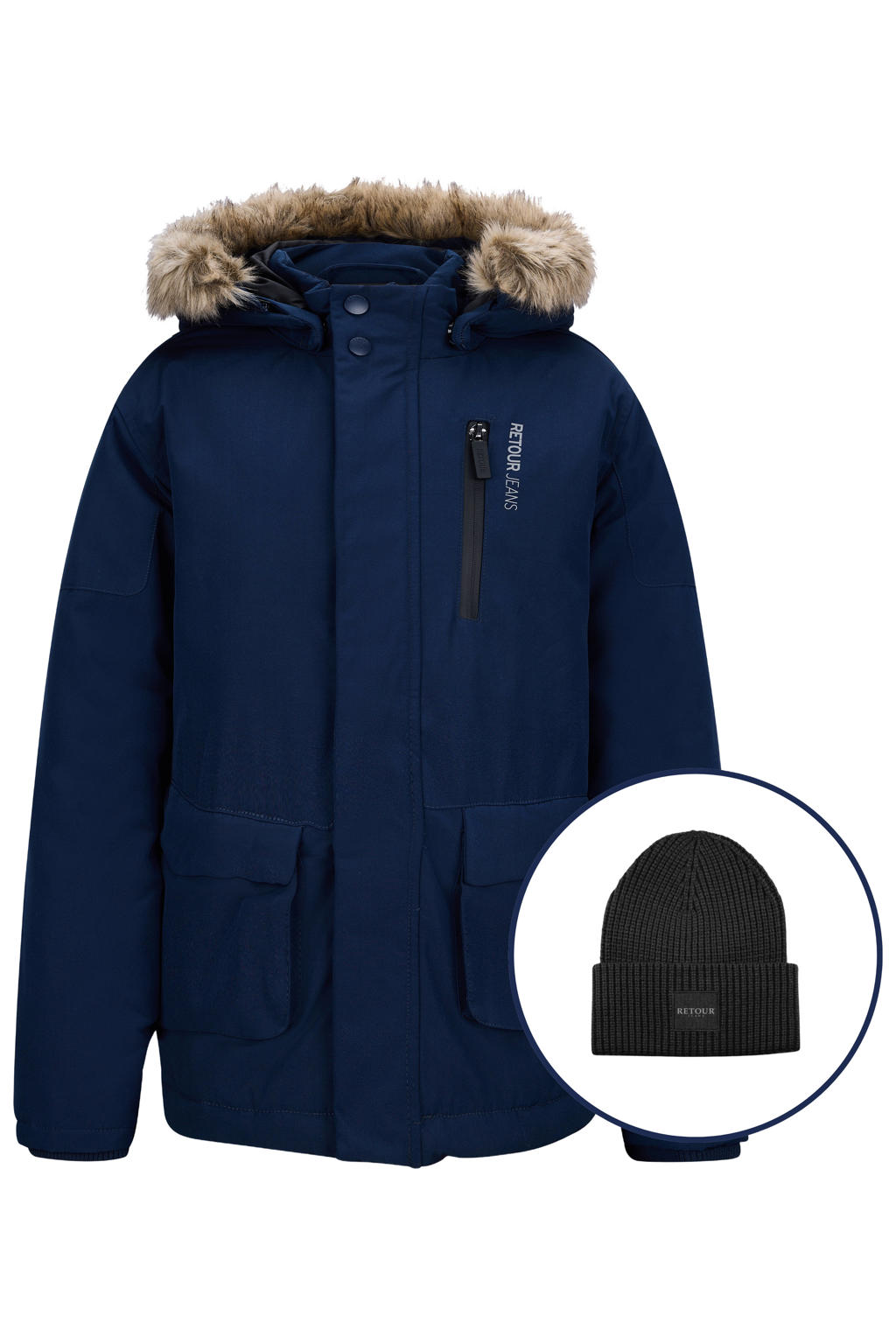 Donkerblauwe jongens Retour Jeans parka muts van polyester met effen, lange mouwen, capuchon, rits- en drukknoopsluiting en afneembare imitatiebontkraag