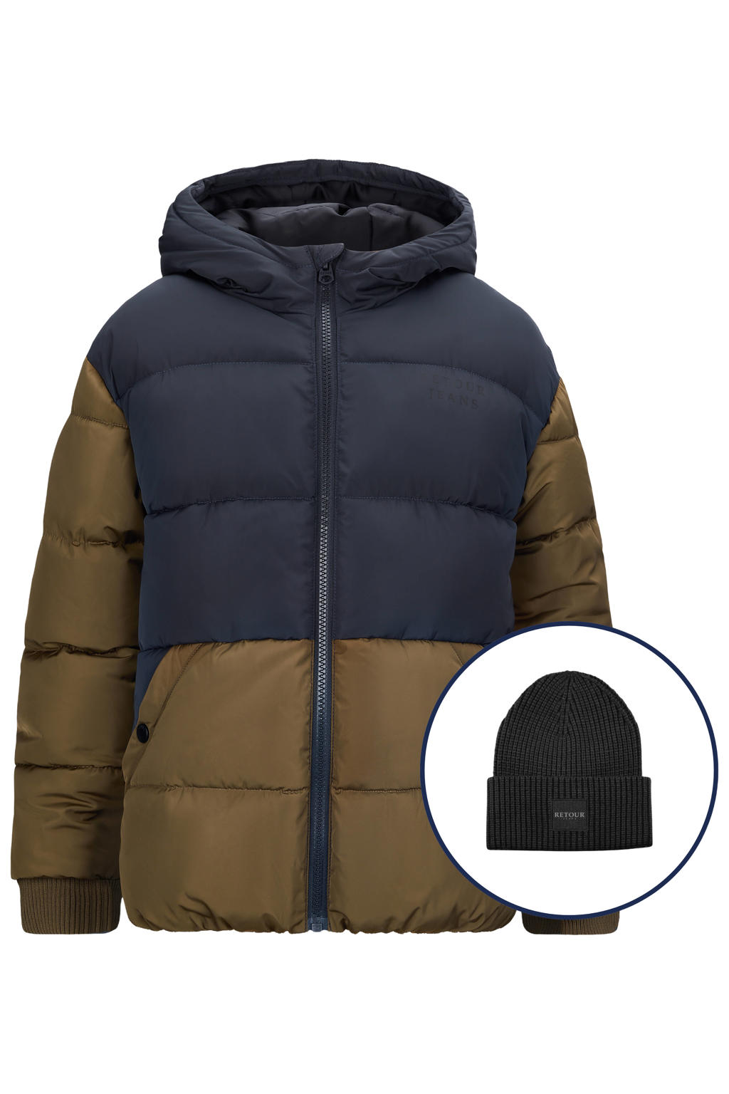 Zwart en groene jongens Retour Jeans gewatteerde jas muts van polyester met meerkleurige print, lange mouwen, capuchon en ritssluiting