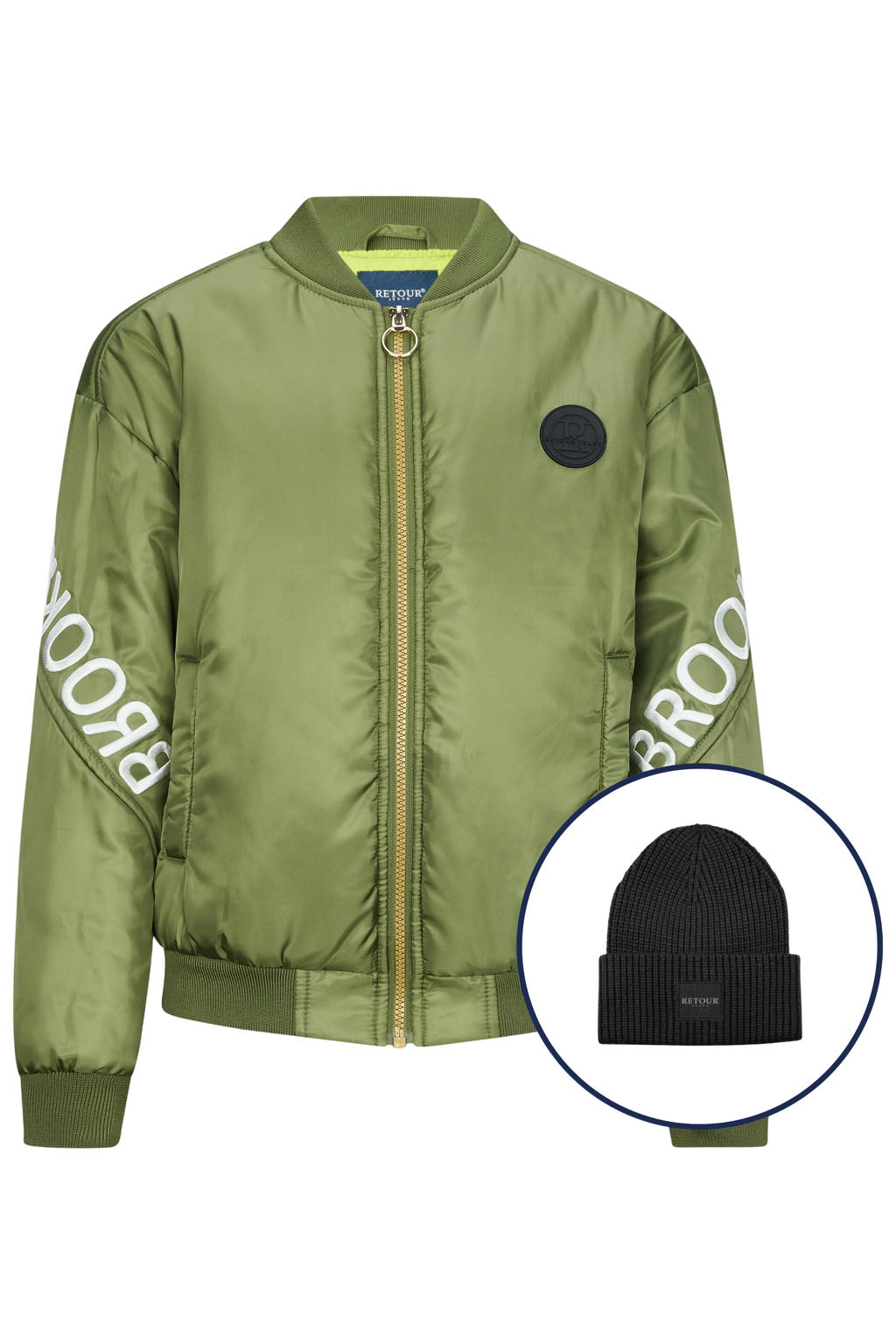 Groene meisjes Retour Jeans bomberjack muts van polyester met effen, lange mouwen, ronde hals, ritssluiting en geribde boorden