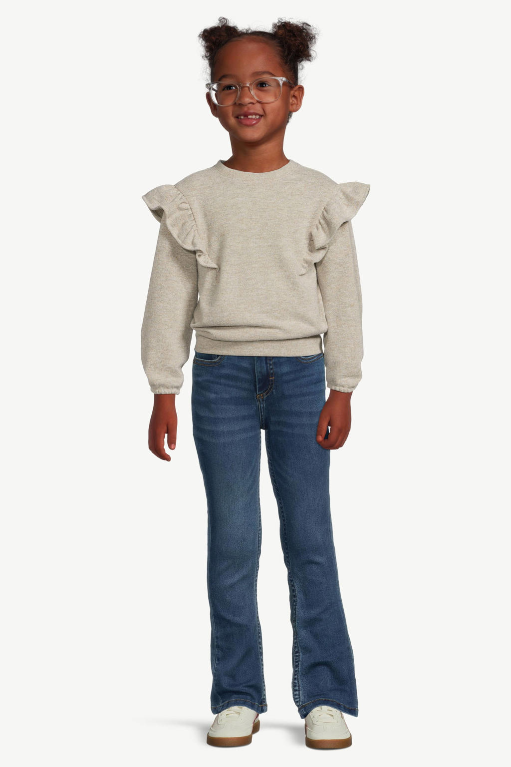 Beige meisjes Anytime trui en ruches melange van polyester met lange mouwen en ronde hals
