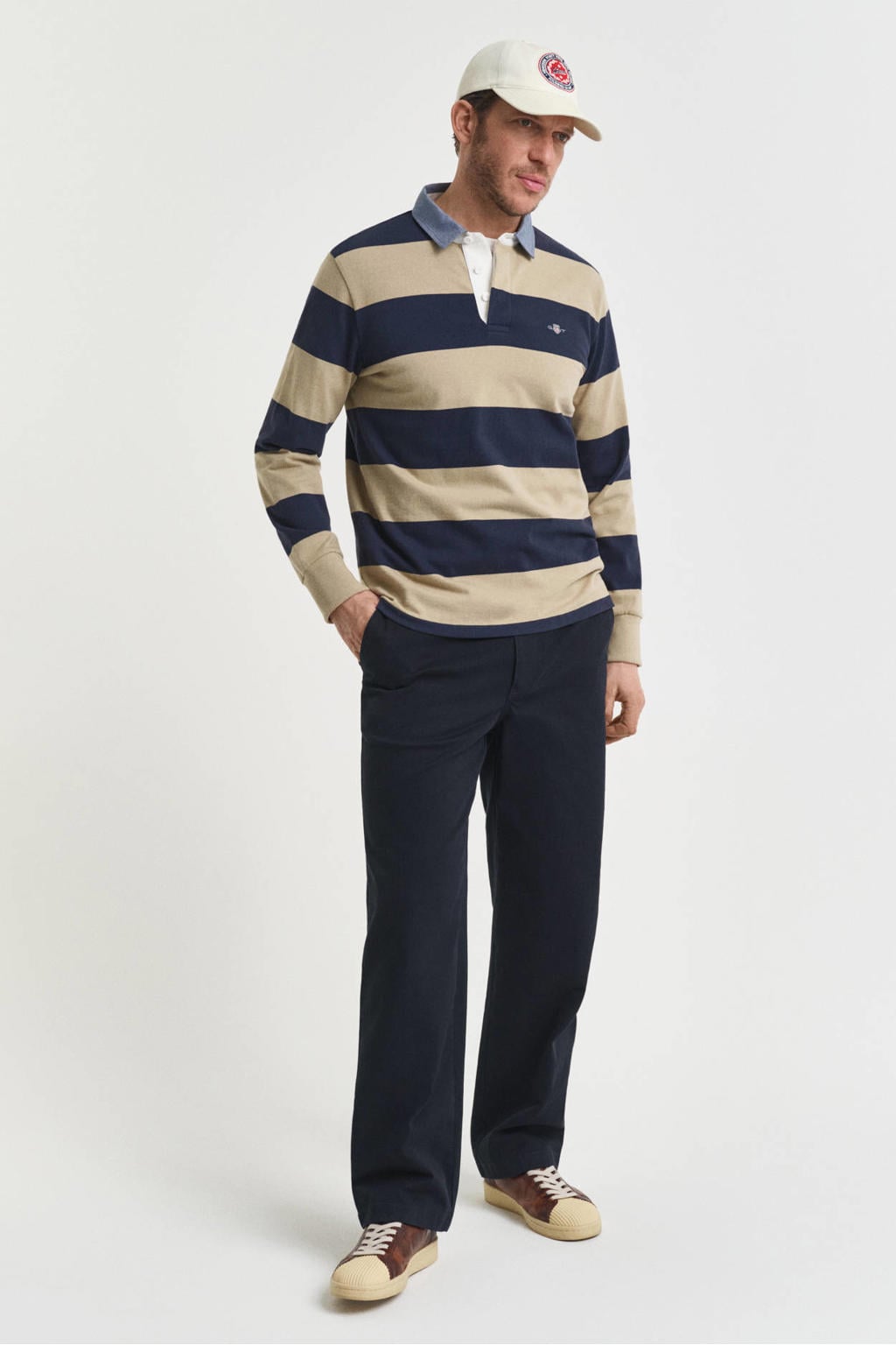Beige heren GANT regular polo van katoen met strepenprint en lange mouwen