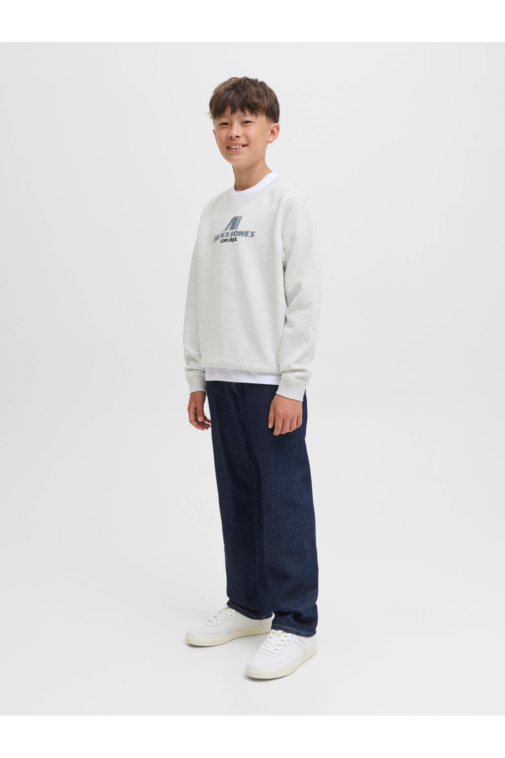 Witte jongens JACK & JONES JUNIOR sweater met logo dessin, lange mouwen, ronde hals en geribde boorden