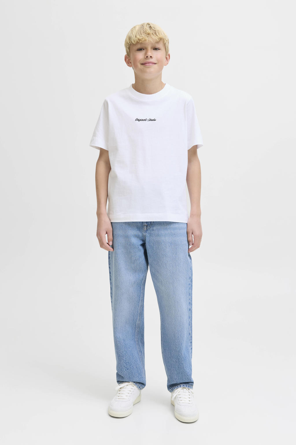 Witte jongens JACK & JONES JUNIOR T-shirt van katoen met tekst print, korte mouwen en ronde hals