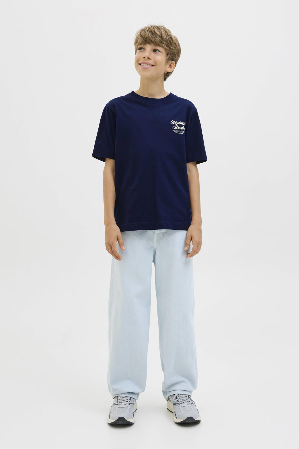 Donkerblauwe jongens JACK & JONES JUNIOR T-shirt van katoen met backprint, korte mouwen en ronde hals