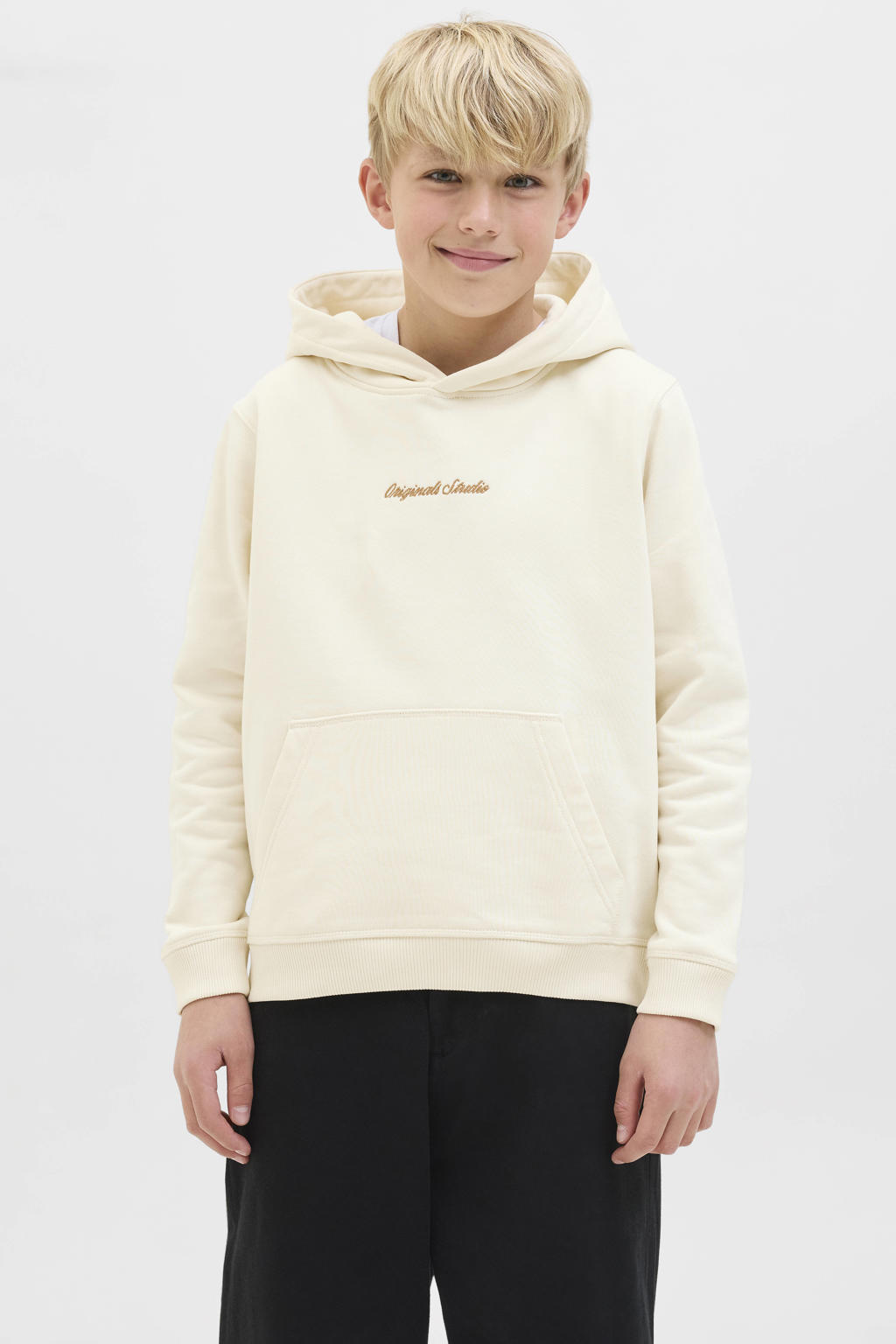 Ecru jongens JACK & JONES JUNIOR hoodie van sweat materiaal met tekst print, lange mouwen en capuchon