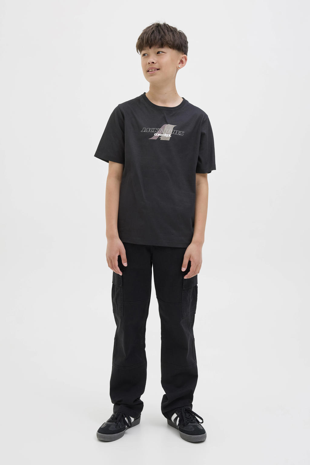 Zwarte jongens JACK & JONES JUNIOR T-shirt van katoen met logo dessin, korte mouwen en ronde hals