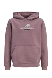 thumbnail: Paarse jongens JACK & JONES JUNIOR hoodie van sweat materiaal met logo dessin, lange mouwen en capuchon