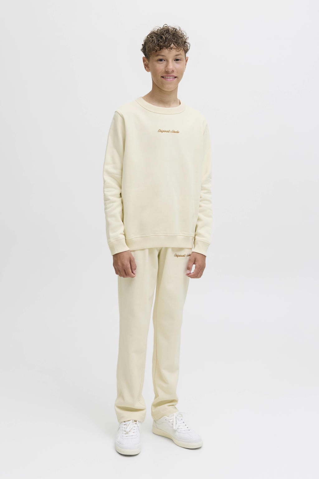Ecru jongens JACK & JONES JUNIOR sweater met tekst print, lange mouwen, ronde hals en geribde boorden