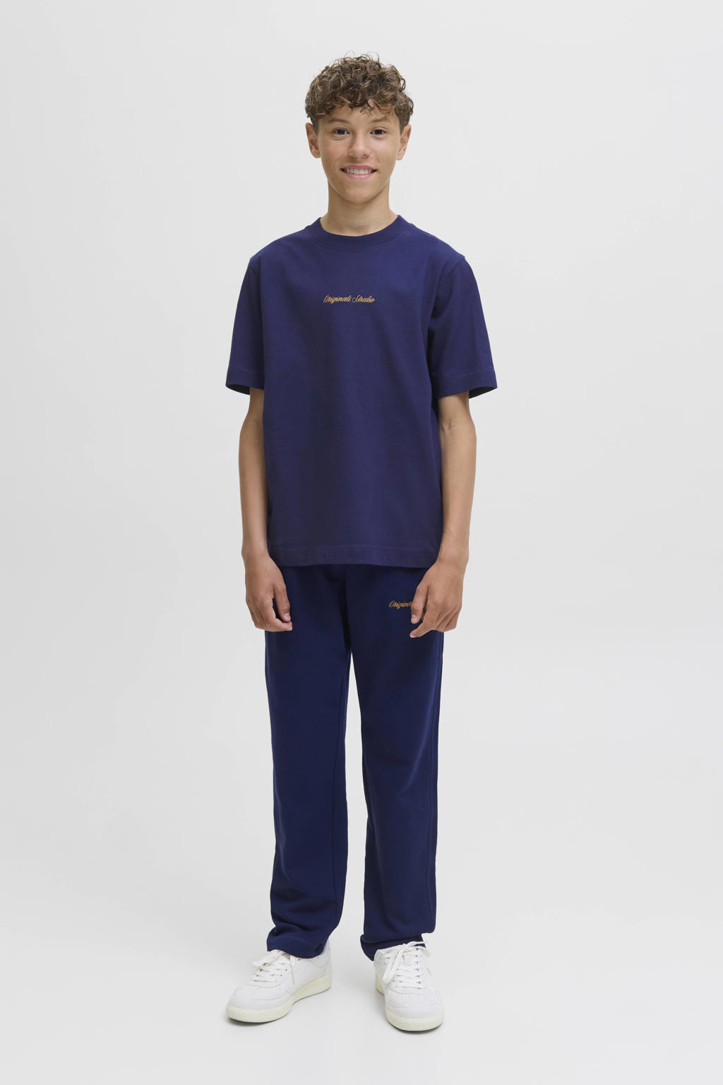 Donkerblauwe jongens JACK & JONES JUNIOR T-shirt van katoen met tekst print, korte mouwen en ronde hals