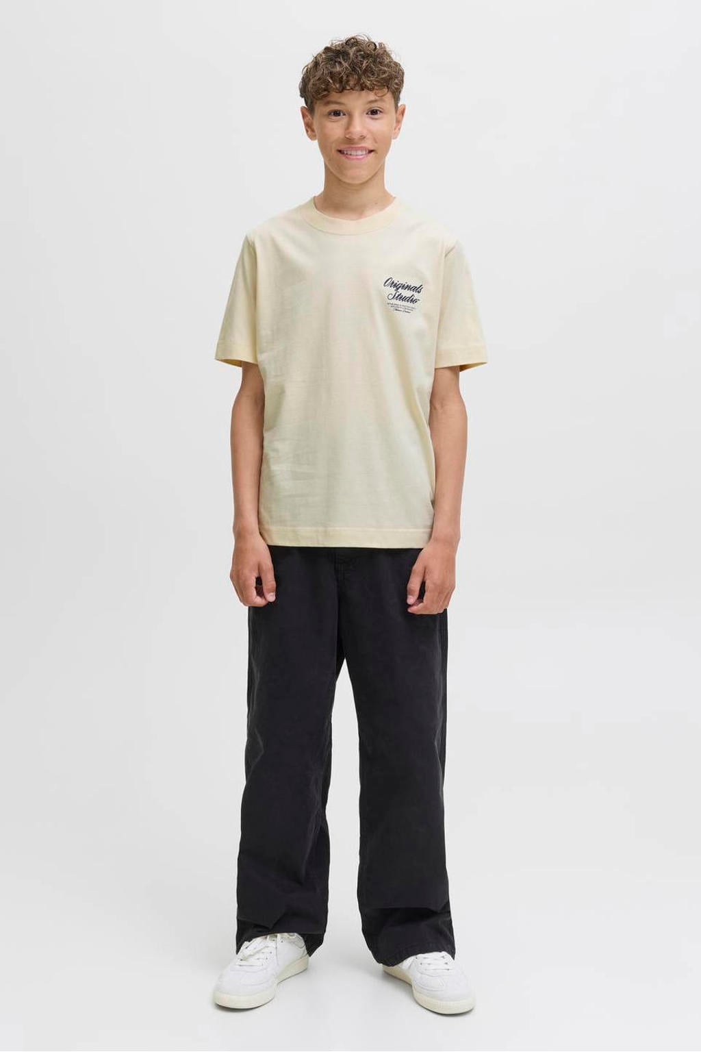 Beige jongens JACK & JONES JUNIOR T-shirt van katoen met backprint, korte mouwen en ronde hals