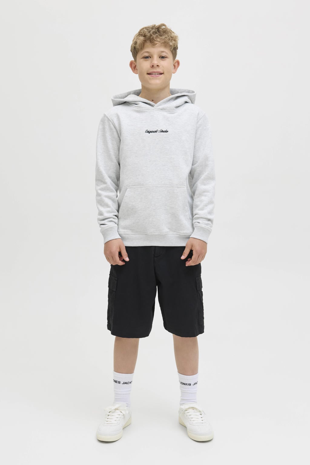 Witte jongens JACK & JONES JUNIOR hoodie van sweat materiaal met tekst print, lange mouwen en capuchon