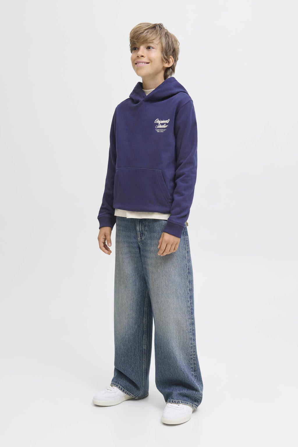 Donkerblauwe jongens JACK & JONES JUNIOR hoodie van sweat materiaal met backprint, lange mouwen en capuchon